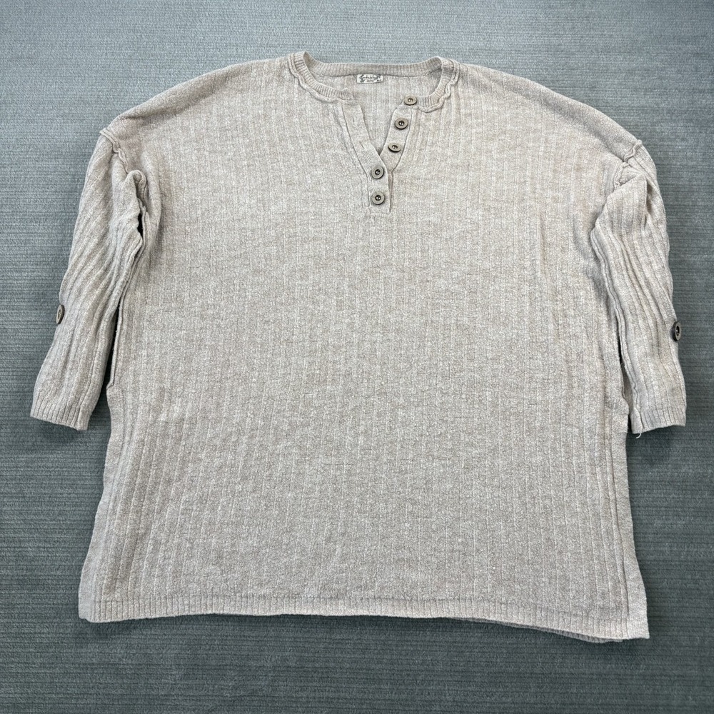 Free People‎ Sweater Women L Cream Henley Oversized Classic Boho Beachy Cozy
